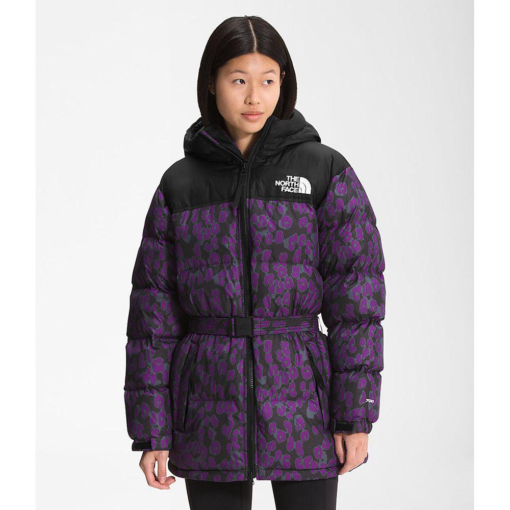 The North Face Printed Belted Mid Γυναικεια Μπουφάν Nuptse - Μωβ Λεοπαρ / Μαυρα (ZITU53928)